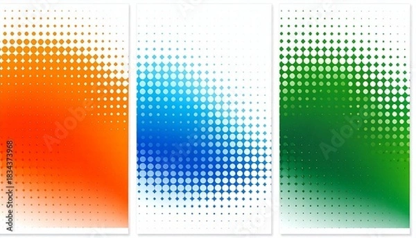 Fototapeta Three abstract dot-grid designs in warm, cool, and green gradients, creating depth and visual rhythm.