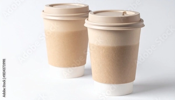 Fototapeta Two disposable coffee cups with beige sleeves on white background, angled for casual sharing or comparison.