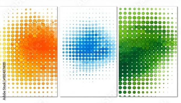 Fototapeta Three abstract dot-grid designs in warm, cool, and green gradients, creating depth and visual rhythm.