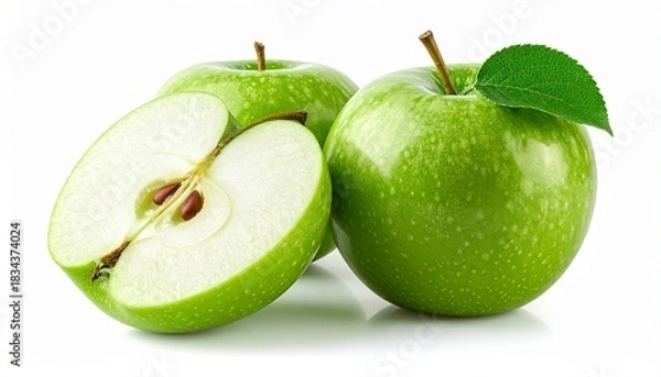 Fototapeta Glossy green apple with leaf on stem, isolated on white background, symbolizing freshness and health.