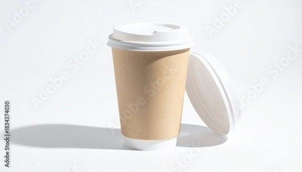 Fototapeta Two disposable coffee cups with beige sleeves on white background, angled for casual sharing or comparison.