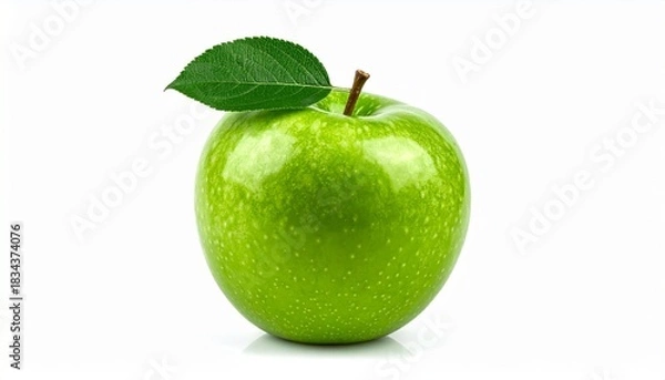 Fototapeta Glossy green apple with leaf on stem, isolated on white background, symbolizing freshness and health.