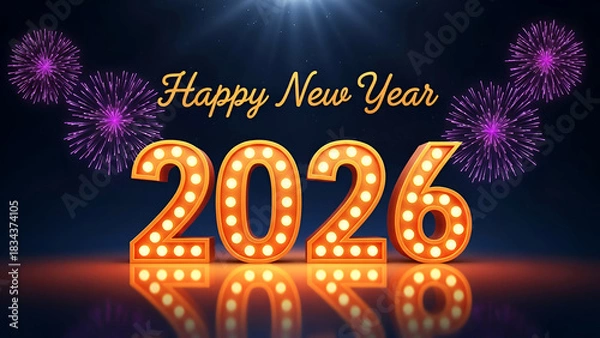 Fototapeta Happy New Year 2026 Marquee Light Numbers with Fireworks, Festive Neon Celebration Design