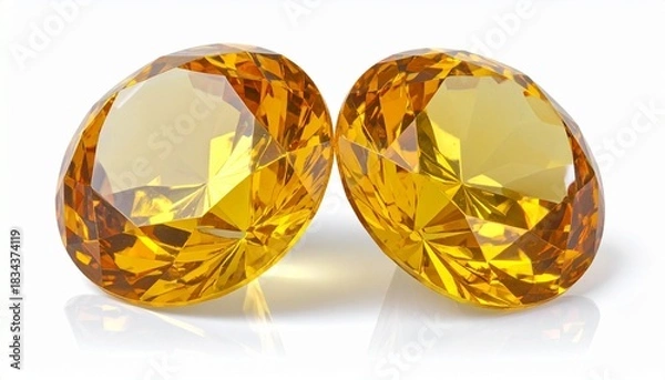 Fototapeta Two brilliant-cut golden-orange gemstones sparkling with precision and vibrant color on white background.