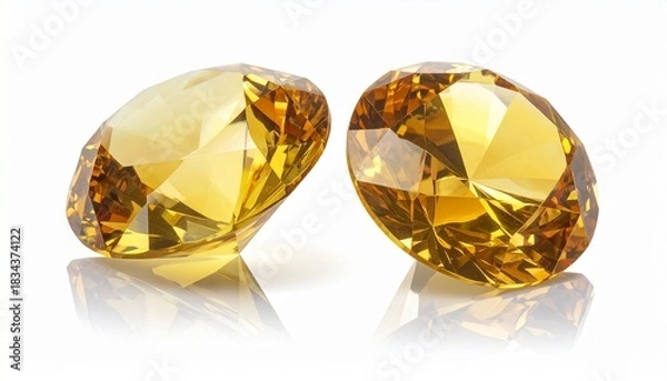 Fototapeta Two brilliant-cut golden-orange gemstones sparkling with precision and vibrant color on white background.