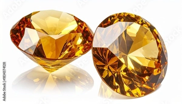 Fototapeta Two brilliant-cut golden-orange gemstones sparkling with precision and vibrant color on white background.