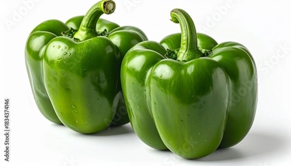 Fototapeta Fresh green bell pepper on white background, highlighting its glossy texture and natural vibrancy.