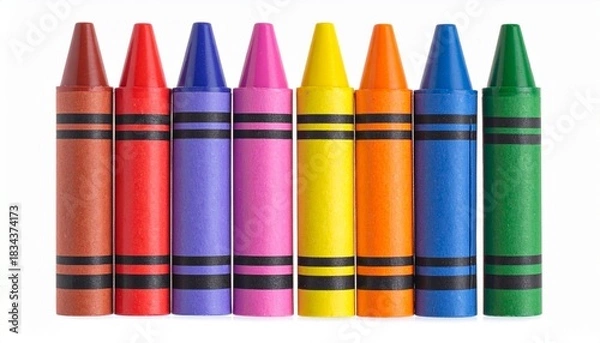 Fototapeta Oversized yellow crayon with orange tip and cartoon ant in graduation cap, playful and educational.