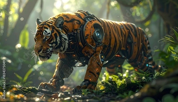 Fototapeta A robot tiger strides through lush, green jungle; sun dappling leaves and the animal's metallic frame