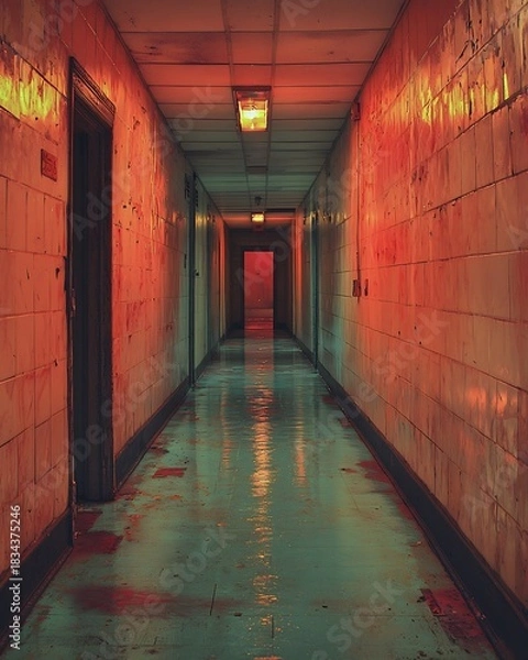 Obraz Eerie illuminated corridor with red hue and tiled walls in a spooky building