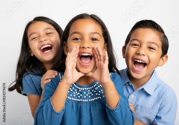 Obraz Three Happy Diverse Children Laughing and Shouting Together.
