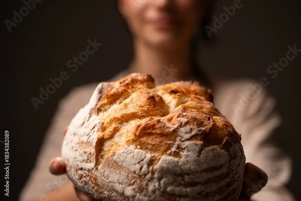 Fototapeta Fresh rustic artisan bread loaf held forward by baker in warm soft light showcasing crisp crust and flour texture