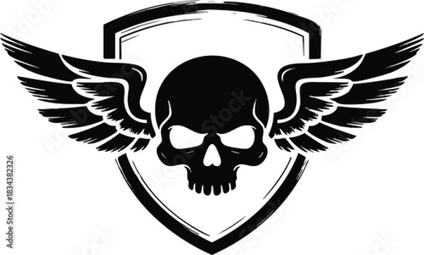 Obraz Bold skull with wings emblem on shield for striking logo or edgy tattoo design, ideal for gothic fashion, band merchandise, and rebellious brand aesthetics