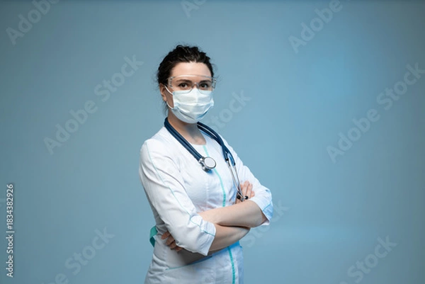 Fototapeta Medical worker in mask and protective glasses standing confidently with folded arms on blue background
