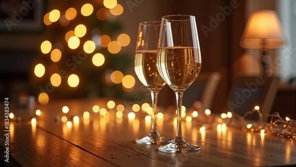Obraz Two glasses on new year decorated table
