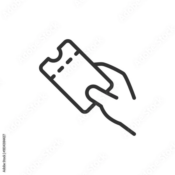 Fototapeta Hand with ticket, linear icon. Travel or entertainment access concept. Line with editable stroke.