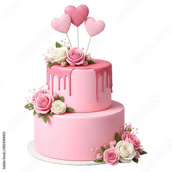 Fototapeta Elegant Two-Tier Pink Drip Cake Adorned with Pink and White Roses and Glittering Heart Toppers, Perfect for Weddings or Anniversaries