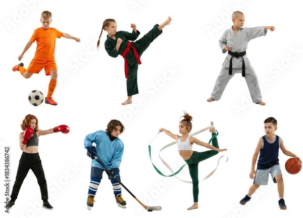 Fototapeta Diverse children engaging in various sports activities against a transparent backdrop, showcasing