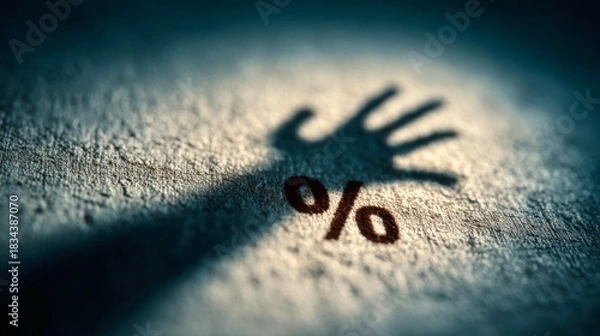 Fototapeta Shadow hand reaching toward a percentage symbol on textured surface showcasing financial concepts and growth potential