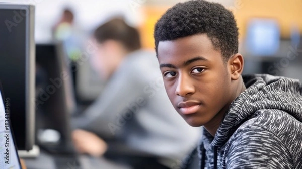 Fototapeta Teen student engaged in a tech class focused on computer skills development and collaborative learning in a modern classroom environment