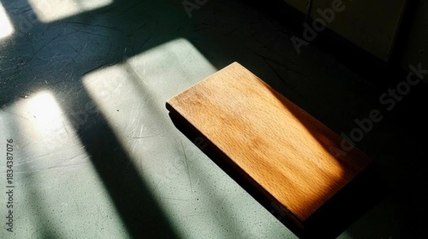 Fototapeta Wooden block casting shadows on a floor in soft natural light, highlighting textures and patterns in an indoor setting