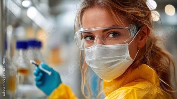 Fototapeta Nurse preparing an injection in a hospital room while maintaining strict hygiene and safety protocols