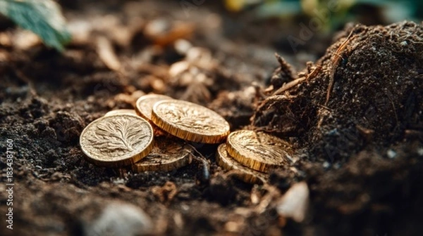 Fototapeta Gold coins hidden in the soil reveal chances for treasure and discovery in the earth's embrace during springtime exploration