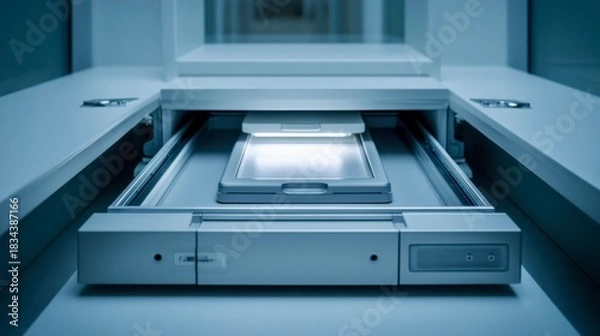 Fototapeta High-tech scanner with illuminated interface showcasing modern technology in a sleek, minimalist workspace