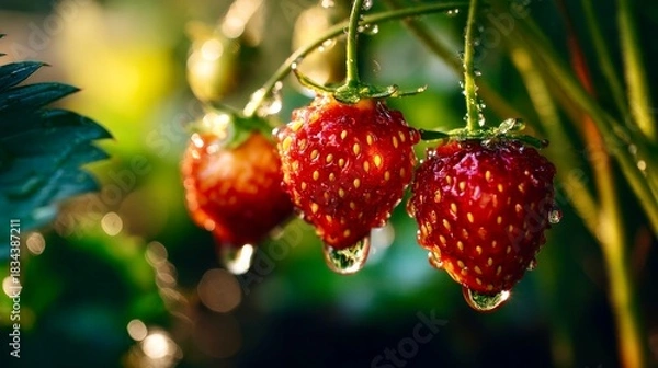 Fototapeta Freshly grown strawberries glisten with dew in a vibrant garden environment, showcasing their luscious red color and tantalizing appeal during the harvest season