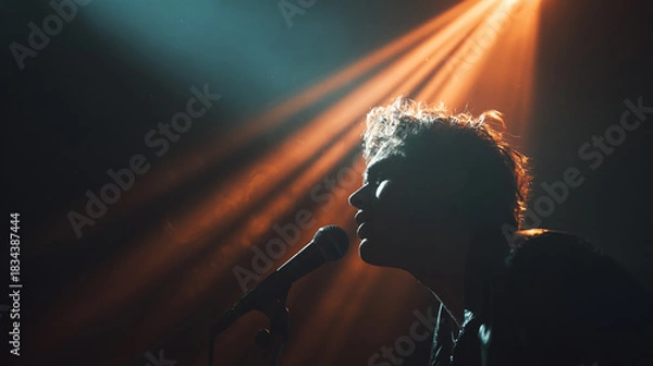 Fototapeta Portrait of musician singing into microphone on stage, dramatic lighting