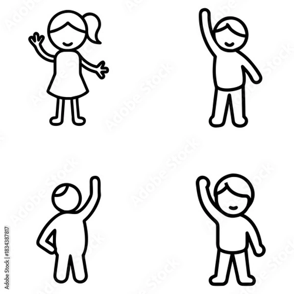 Fototapeta Four simple, black-and-white outline stick figures are depicted on a white background. The top-left figure