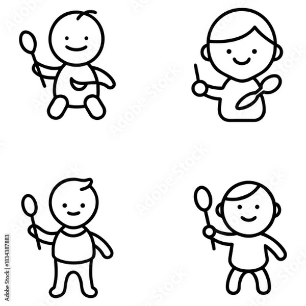 Fototapeta Four black and white outline drawings of stylized children holding spoons. Each child is depicted in a simple
