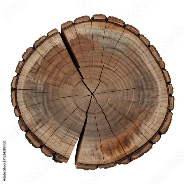 Fototapeta Cross section of tree trunk showing growth rings isolated with clipping path for easy removal against transparent background