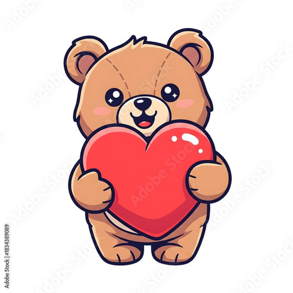 Fototapeta Adorable Little Stuffed Teddy Bear Mascot Illustration Holding a Large Shiny Red Heart, Perfect for Valentine's Day and Love Concepts