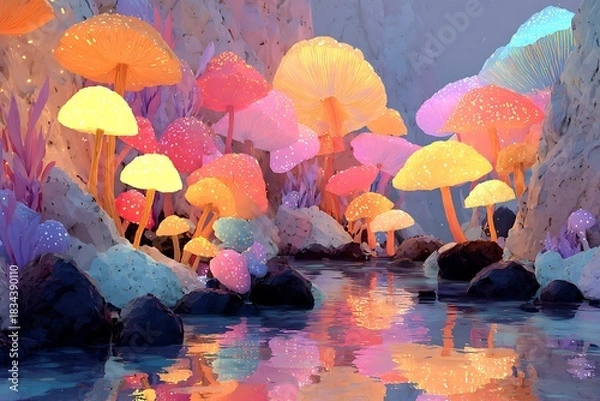 Fototapeta Dreamy forest pathway lined with bright mushrooms high resolution photo