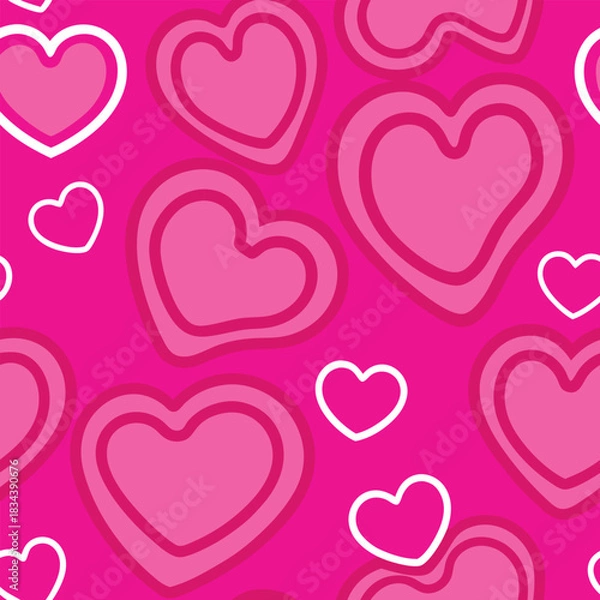 Fototapeta Seamless pattern of pink hearts with white and dark pink outlines on a bright pink background Keywords: heart, hearts, love, romance, valentine