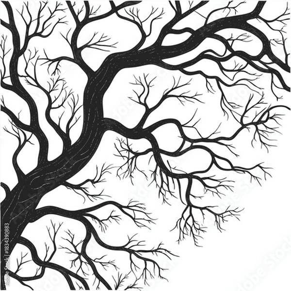 Fototapeta Stylized black silhouette of a bare tree with intricate branches against a white background winter