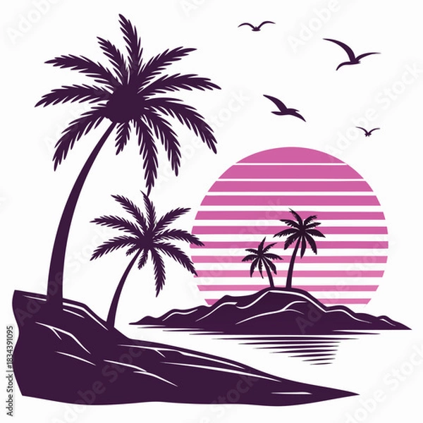 Fototapeta Tropical island palm trees at sunset with striped sun and birds Keywords: tropical, island, palm trees, sunset, sun, birds, ocean, sea, beach
