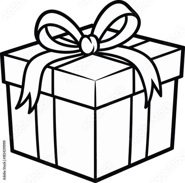 Fototapeta Outline drawing of a neatly wrapped gift box with a decorative bow on top, symbolizing celebrations, presents, holidays, and special occasions for design projects.