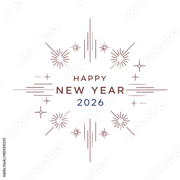 Obraz  Minimalist Art Deco Happy New Year 2026 Card Design with Sparkler and Starburst Line Art
