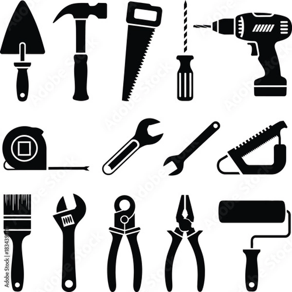 Fototapeta Collection of essential hand tools and power tools icons, featuring construction, repair, and diy equipment in a clean, isolated silhouette style for various projects and trades.