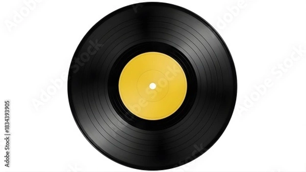 Obraz Closeup view of a classic black vinyl record with a bright yellow center label, isolated on white background