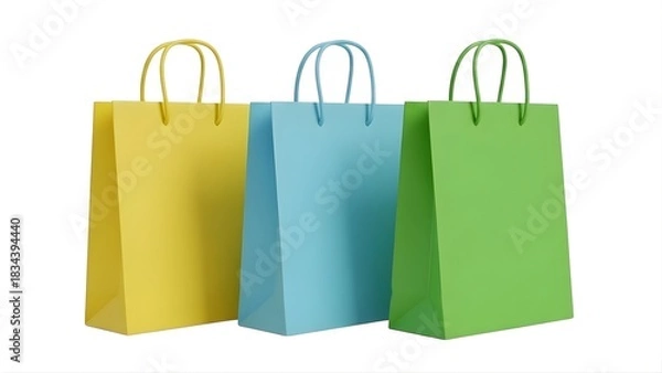 Obraz Three colorful paper shopping bags in yellow, blue, and green isolated on white background