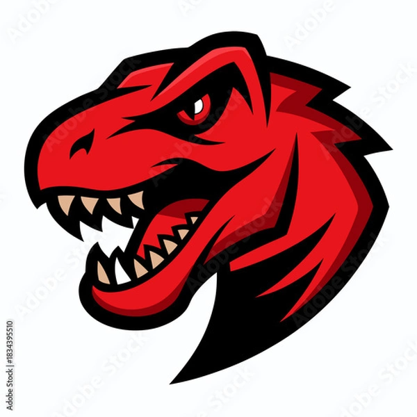 Fototapeta Fierce red dinosaur head with sharp teeth and angry eyes