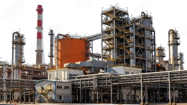 Obraz Industrial oil refinery complex with tall smokestacks and orange storage tank isolated on a transparent background