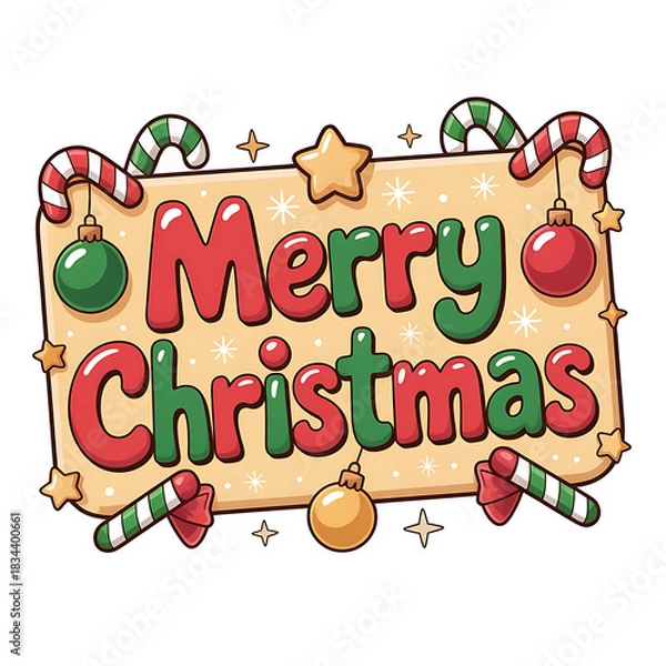 Obraz Vector illustration design for a happy Christmas sale card with colorful fun text and decoration icons