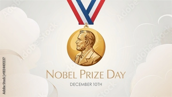 Fototapeta Nobel Prize Day – golden Nobel medal with red, white and blue ribbon on light background, December 10th