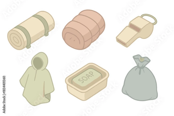 Obraz Weekend Hiking Essentials. Isometric vector illustration set Weekend hiking preparation and trail essentials: lightweight tent