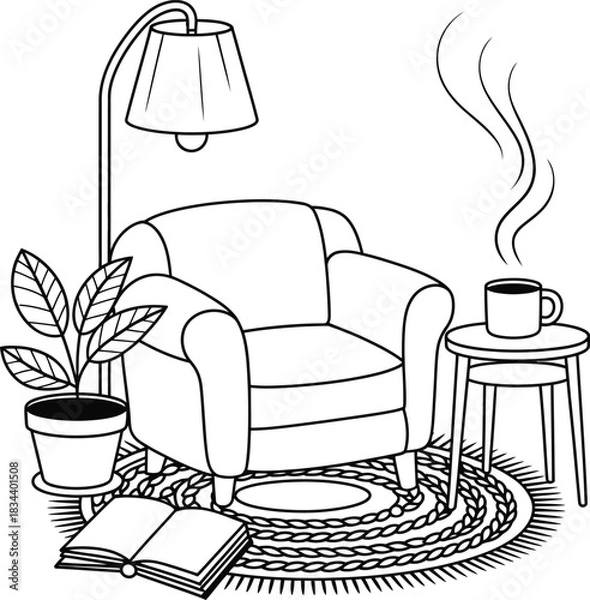Fototapeta Cozy home interior scene with a comfortable armchair, a floor lamp providing ambient light, a potted plant, an open book on a braided rug, and a steaming mug on a small side table, depicting 
