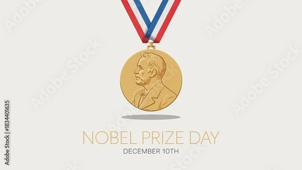 Fototapeta Nobel Prize Day – golden Nobel medal with ribbon and soft shadow on light background, December 10th
